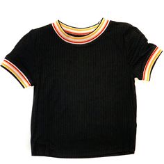 Ribbed Fabric Crop Top With Colorful Neck And Short Sleeve Trim. Has Very Good Stretch With Very Nice Fabric Thickness. Fit Is True To Size And Shirt Is Available From Size Small To Xlarge. Black Top With Ribbed Collar For Summer, Black Tops With Ribbed Collar For Summer, Black Summer Tops With Ribbed Collar, Good Stretches, Cool Fabric, Ribbed Fabric, Crop Top, Womens Tops, Trim