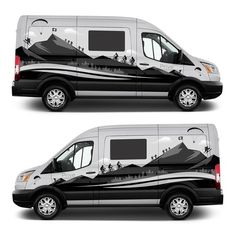 the side and back view of a van with mountains painted on it's sides