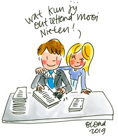 a cartoon drawing of two people sitting at a table with papers and pen in their hands