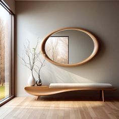 a wooden bench sitting in front of a round mirror on the side of a wall