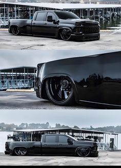 two pictures of black trucks parked in front of a building and another photo of the same truck