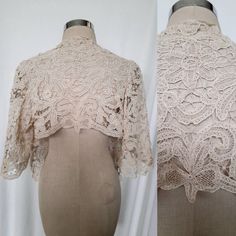 Early 20th century antique Battenberg ecru lace bolero with floral pattern. Assymetrical model, the front is longer then the back, with long,  pointed edges and no closure. Beautiful flutter half sleeves. The lace is in very good vintage condition, but unfortunately there are three rust stains, (please check photos carefully), that it was not possible to remove. Priced accordingly. It fits a size S but please check measurements for accuracy.  Shoulders 34cm/13.4" Pit to pit 44cm/17.3" Front leng Battenberg Lace, Wedding Shrug, Lace Bolero, Shrugs And Boleros, Early 20th Century, Half Sleeves, 20th Century, Floral Pattern, Portugal