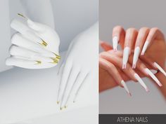 two photos with white and gold nails on them