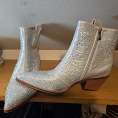 Women's Silver Rhinestone Ankle Boots. Zippers, Approx. 2" Heel Height. Never Worn. Nwot Rhinestone Ankle Boots, Boots With Zippers, Silver Rhinestone, Bootie Boots, Heel Height, Ankle Boots, Women Shoes, Zipper, Heels