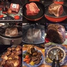 various pictures of different foods being cooked in pots and pans on a table with utensils