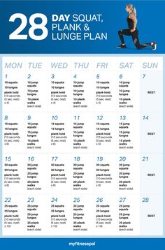 the 28 day squat, plank and lunge plan is shown in blue with white lettering