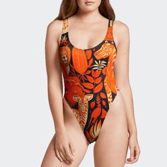 Orange Jungle One-Piece Swimsuit Bold Print Beachwear For Sunbathing, Fitted Orange Tropical Print Swimwear, Orange One-piece Bodysuit For Beach Season, Orange One-piece Bodysuit For Beach, Tropical Printed One Pieces For Beach Season, Tropical Printed One-piece For Beach Season, Tropical Printed One-pieces For Beach Season, Orange Fitted One Piece For Swimming, Fitted Orange Swimsuit For Swimming