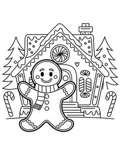 a black and white drawing of a ginger in front of a house with candy canes