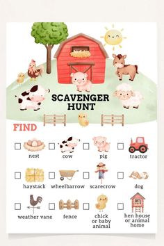 a printable scavenger hunt for kids with farm animals and barnyards