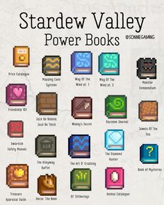 the stardew valley power books are shown in different colors and sizes, with text overlaying them