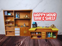 a happy hour bar and shelf is displayed