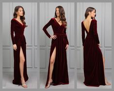 "Bridesmaid Velvet Dress. Gown Dress for Women. Our Dresses made from High Quality Fabric.  Dresses made with Love in Europe. More Désir Couture dresses you can find here: https://www.etsy.com/shop/DesirCouture?ref=simple-shop-header-name&listing_id=992376660 ❖ If you wish other neckline, back, sleeves, slit, pockets.. write it in order's note. ❖ Material is quality, flexible and stretchy. ❖ The top of the dress is lined.  ❖ In my shop the size scale is different. Please read the dress descripti Burgundy Wedding Guest Dress, Copper Dress, Dark Green Bridesmaid Dress, Burgundy Bridesmaid, Low Back Dresses, Silk Satin Dress, Maid Of Honour Dresses, Maxi Bridesmaid Dresses, Maxi Gown Dress