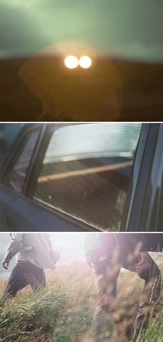 three different shots of a person leaning on a car and looking at the sun through the window