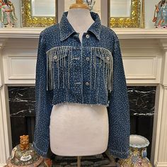 Nwot “Emerson Lang” Cropped Denim Jacket With Rhinestone Trim & Fringe Rhinestone Trim, Cropped Denim Jacket, Cropped Denim, Jean Jackets, Blue And Silver, Jean Coat, Jean Jacket, Denim Jacket, Color Blue