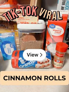 the ingredients for cinnamon rolls are displayed in front of an image that says tikstok virtual view