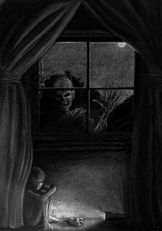 a black and white drawing of a child looking out the window at a scary creature