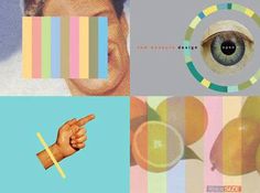 the collage shows an eye, oranges and a hand with a finger pointing at it