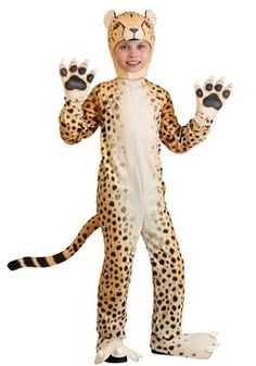 a child in a costume that is wearing a cheetah suit and holding his hands up