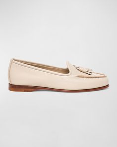 "Find SANTONI Andrea Calfskin Tassel Loafers on Editorialist. Santoni \"Andrea\" calf leather loafers with tassels Flat heel Round apron toe Notched vamp Slipon style Leather outsole Lining: Leather Made in Italy" Classic Beige Tassel Loafers For Formal Wear, Classic Beige Tassel Loafers For Formal Occasions, Elegant Beige Tassel Loafers For Formal Occasions, Loafers With Tassels, Tassel Shoes, Tassel Loafers, Leather Loafers, Flat Shoes Women, Calf Leather