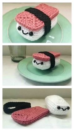 crocheted sushi is sitting on a plate