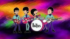 the beatles band with their guitars in front of a colorful background and an image of them playing