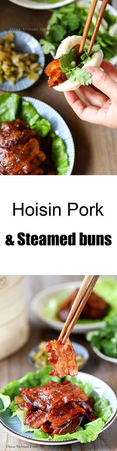 hoisin pork and steamed buns on a plate with chopsticks in it