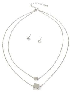 Cube Pendant Double Layer Necklace Set Double Layer Necklace Silver, Silver Double Chain Layered Necklace, Silver Layered Necklace With Double Chain, Silver Double Chain Layered Alloy Necklace, Double Necklace Silver, Cube Pendant, Nice Necklaces, Double Layer Necklace, Layered Necklace Set