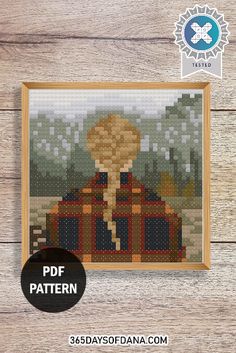 a cross stitch pattern with the image of a man in plaid shirt sitting on a bench