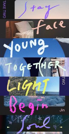 a collage of different types of writing and pictures with the words young to get their light on them