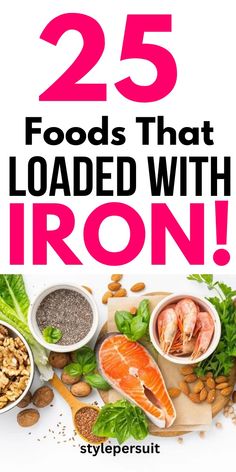 the cover of 25 foods that loaded with iron, including fish, nuts and vegetables