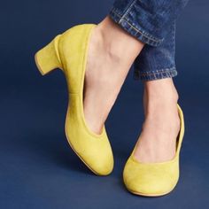 Awesome Yellow Suede Block Heel Pumps From Anthropologie Spring Casual Court Shoes With Block Heel, Yellow Court Shoes For Spring, Chic Suede Court Shoes For Spring, Casual Summer Court Shoes Medium Width, Yellow Court Shoes For Spring Formal Occasions, Yellow Court Shoes For Spring Formal Events, Yellow Almond Toe Court Shoes For Spring, Casual Almond Toe Court Shoes For Spring, Casual Summer Court Shoes For Workwear