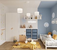 a child's bedroom with blue walls and yellow rugs on the wooden floor