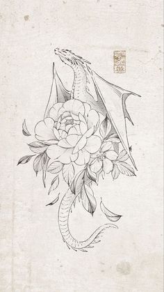 a drawing of a dragon with flowers on it