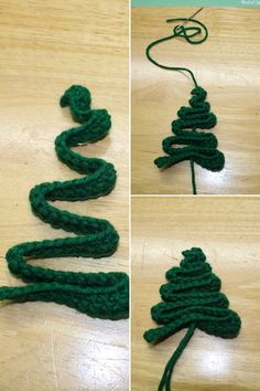 crochet christmas tree ornament made from green yarn on wooden table top