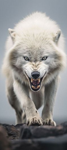 a white wolf with its mouth open walking on rocks and looking at the camera while snarling