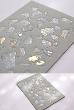 two pictures of different shapes and sizes of paper on a white tablecloth with gold foil