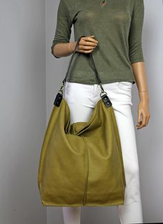 Green Leather Hobo Bag with Zipper, Everyday Large Slouchy Leather Bag, Soft Leather Hobo Bag, Everyday Handbag for Women **Dimensions Height: 18,5 inch (47 cm) Width: 18,1 inch (46 cm) Length of handle: 19,3 inch (49 cm) Bottom width: 13,4x 5,9 inch (34x15 cm) Internal pocket: 8,7x 6,7inch (22 x 17 cm) Large, very roomy bag made of thick yet soft cattle leather. The bag can be worn as a shoulder bag. Detachable shoulder strap. There is a lot of space and you can put there everything in your eve Large Capacity Hobo Pouch Bag For Daily Use, Versatile Hobo Bag For Errands, Khaki Large Capacity Hobo Satchel Bag, Khaki Large Capacity Satchel Hobo Bag, Versatile Large Capacity Hobo Bucket Bag, Khaki Rectangular Hobo Bag With Large Capacity, Khaki Large Capacity Rectangular Hobo Bag, Versatile Large Capacity Hobo Pouch Bag, Versatile Large Capacity Pouch Hobo Bag