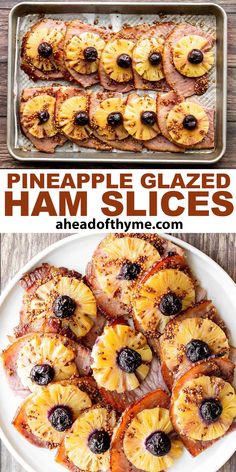 pineapple glazed ham slices on a white plate