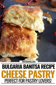 two pieces of cheese pastry sitting on top of a black plate with text overlay that reads, bulagara bantasa recipe cheese pastry perfect for pastry lovers