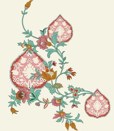 an ornate floral design with pink and green flowers on a cream background, in shades of red