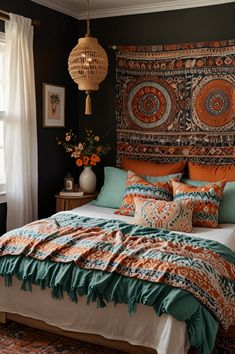 a bed with an orange and blue comforter in a bedroom next to a window