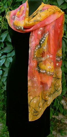 Natural silk shawl butterfly red-yellow hand by Studijakalla Hand Painted Artful Silk Scarf, Bohemian Hand Painted Silk Scarves, Bohemian Hand Painted Silk Scarf, Hand Painted Bohemian Silk Scarf, Artistic Hand Painted Red Silk Scarf, Artistic Hand Dyed Scarves, Artful Hand-painted Silk Scarf, Artistic Hand Dyed Silk Scarf For Summer, Artistic Hand-dyed Silk Scarf For Summer