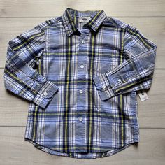 Old Navy Long Sleeve Button Down Blue & Yellow Plaid Shirt. Size XS fits size 5. Cotton. New with tag attached Blue Shirt With Snap Buttons For Fall, Fall Blue Shirt With Snap Buttons, Blue Button-up Top With Snap Buttons, Blue Snap Button-up Tops, Blue Snap Button Tops For Fall, Blue Tops With Snap Buttons For Fall, Blue Snap Buttons Tops For Fall, Blue Button-up Shirt With Placket, Blue Collared Top With Snap Buttons