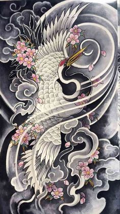 3in X 3in Tattoos, Traditional Japanese Painting, Crane Tattoo Japanese, Japanese Crane Tattoo Sleeve, Japanese Crane Tattoo Design, Crane Tattoo Design, Japanese Garden Tattoo Design, Japanese Traditional Crane Tattoo, Japanese Garden Design Tattoo