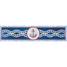 an anchor on blue and red ribbon with white braiding around the edges, is shown