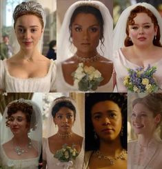 many different pictures of the same woman in their wedding gowns and tiaras,