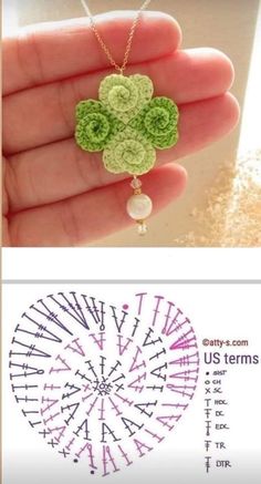 a hand holding a green necklace with flowers on it and the words, crochet clover