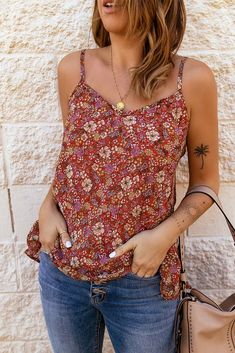 Floral V-Neck Spaghetti Strap Cami | BELLATRENDZ Casual Chiffon Blouse, Spaghetti Strap Shirt, Chic Tank Tops, Red Floral Print, Spaghetti Strap Tank Top, Red Tank Tops, Saint John, Floral Tank Top, Printed Tank Tops