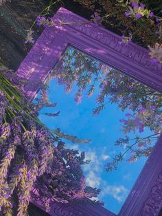 purple flowers are in front of a mirror that is reflecting the blue sky and clouds