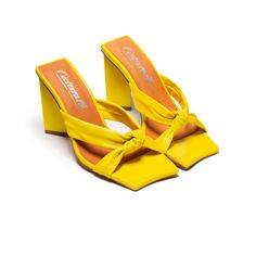 Leather Upper Leather Insole Curved Square Toe 4" Heel Made in Spain Yellow Leather, Mellow Yellow, Leather Upper, Spain, Wedges, Sandals, Square, Heels, Yellow